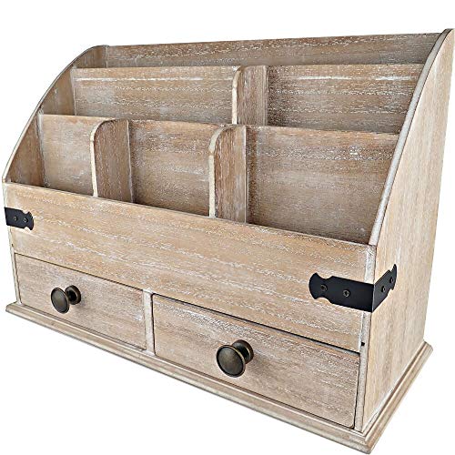 25DOL Mini-Hutch Large Wooden Desk Organizer with Drawers. Rustic Office Decor, Desk Accessories and Office Supplies. 6 Compartment Mail Organizer, File Organizer for Folders, Pen Holder and Drawers
