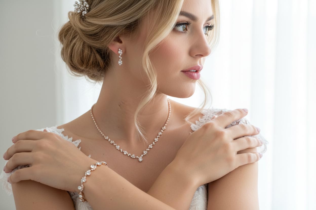 Schmuckset Rosegold – 3-teiliges Strass-Set mit Kette, Ohrringen & Armband – Modeschmuck Set für Damen – festlich & elegant – Geschenkidee