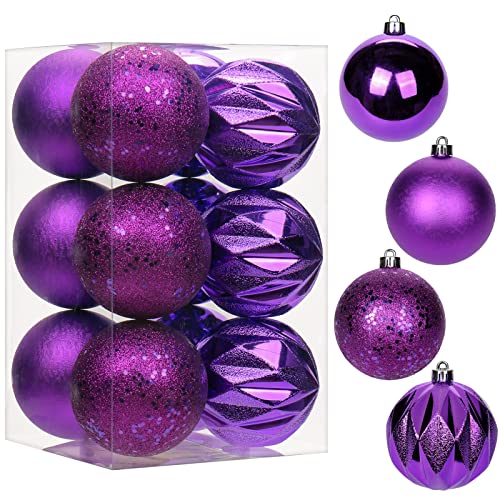 12 pcs Christmas Baubles Xmas Ball Ornaments with Strings, 80mm/3.1 Purple Shatterproof Plastic Hanging Decorations, Christmas Tree Pendants for Home Party Wedding Holiday