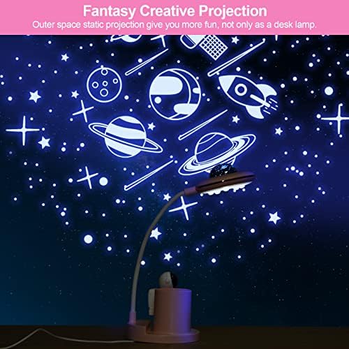 Kids Desk Lamp Rechargeable 5W with Projection, Dimming LED Table Study Lamp with Pen Holder, Flexible Gooseneck Battery Powered Desk Reading Learning Light for Home Office Bedroom Study Room (Pink)