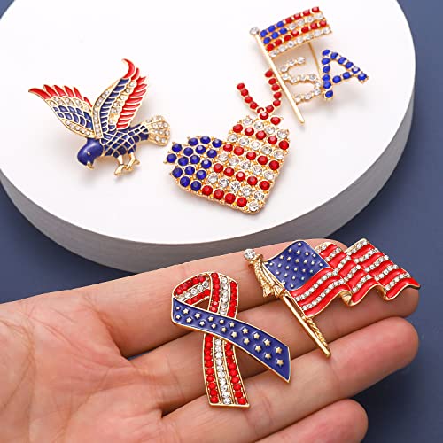 Image of American Flag Brooches 4 th of July Patriotic Red White Blue Rhinestone USA Letter Cross Eagle Map Heart Ribbon Brooch Pin Bulk Vintage Fourth of July Celebrate Independence Day Lapel Pins for Women Men