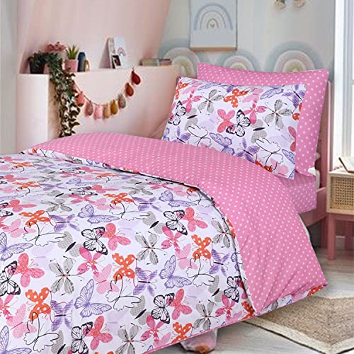 Indus Textiles Juego completo de funda de edredón para niños, sábana bajera ajustable y fundas de almohada a juego, 100% algodón suave, reversible (rosa mariposa, juego completo doble) Cover