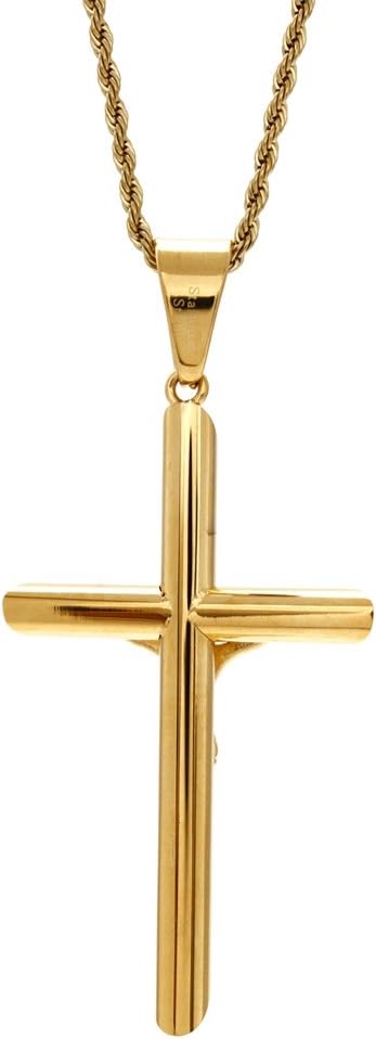 Gold Cross Crucifix Pendant Unisex Designer Jewelry 65mm Rope Chain Necklace (18 Inches)