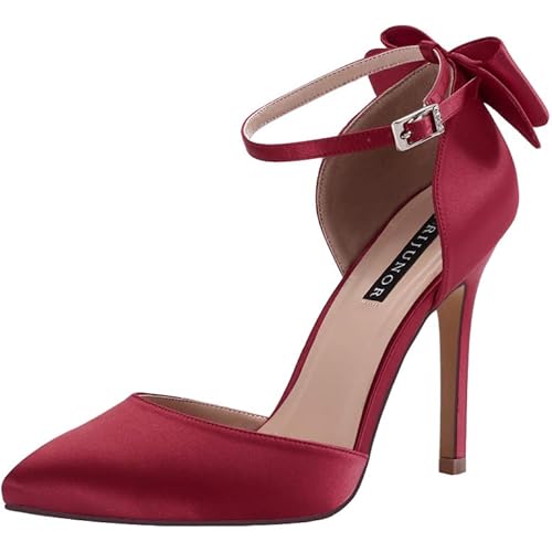 ERIJUNOR Women High Heel Bow Ankle Strap Evening Party Dance Wedding Satin Shoes