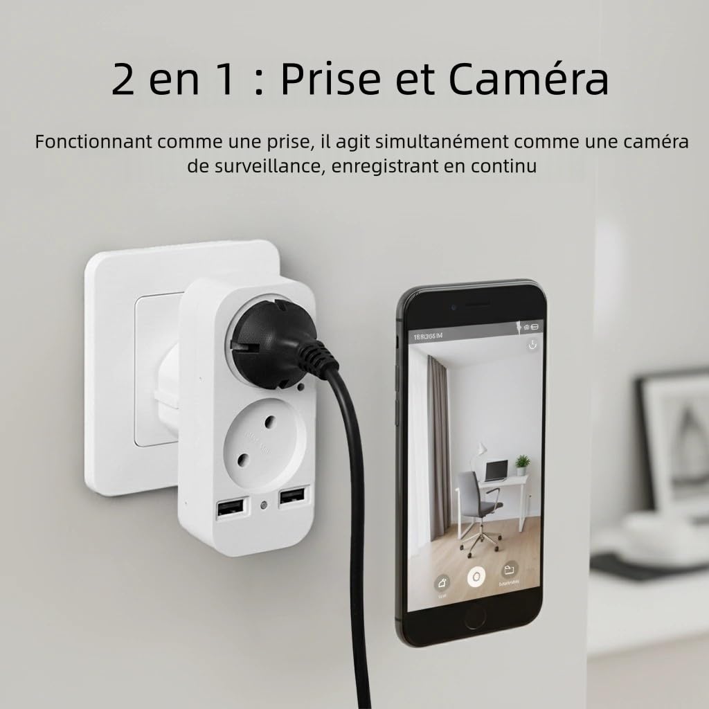 Telecamera Presa, Mini Telecamera HD 1080P, Monitor per Interni, Spina Europea a 2 Poli, USB Tipo A/C, WiFi e Punto di Accesso AP, Visualizzazione a Distanza tramite Applicazione