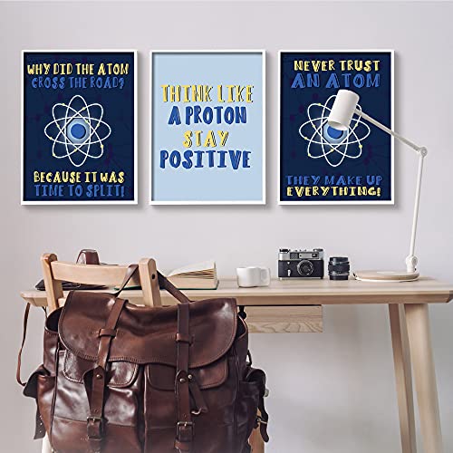 Image of 'Atom Cross The Road Scientific Humor Blue'| 3pc Framed Giclee Art Set 3 | Stupell Industries | White, 24 x 30 Inches, Easy to Hang and Sturdy, Made in USA, by Lil' Rue