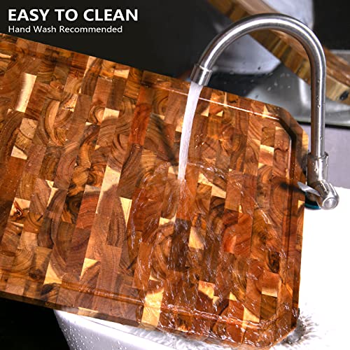 End Grain Cutting Board, Extra Large Acacia Wood Cutting Board For Kitchen, Super Thick Wood Cutting Board With Metal Handle & Juice Grooves & Non-Slip Mats, 20*14*6/5In Wooden Chopping Board Block #TOP4