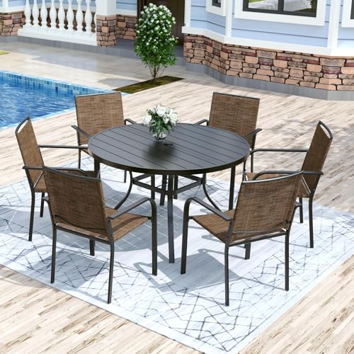 Image of Anmutig 7 Piece Patio Dining Set 48 Inch Round Table Stackable Chairs Brown | Powder-Coated Steel Frame, Quick-Dry Textilene Mesh, Dual-Size Umbrella Hole, Weather Resistant, Patio, Garden, Backyard