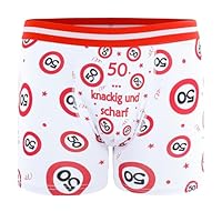 Tiwoca Boxershorts zum 50. Geburtstag – rot-weißes Design mit Verkehrsschildern Zahl 50 und Spruch – Ausgefallene Geburtstagsdeko und lustige Überraschung für Party & Feier – Einheitsgröße