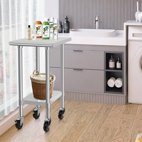 Image of HARDURA Stainless Steel Commercial Table Prep & Work Table with Casters Heavy Duty Metal Table with Wheels NSF 430 24x18 Inches