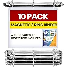 10 Pack Magnetic 3 Ring Binder Mechanism for Hanging, 1 Inch D-Ring Holds 225 Sheets, Heavy Duty for 8.5x11 Paper - Ring Binder Depot - 50 Sheet Protectors, 5S Organization