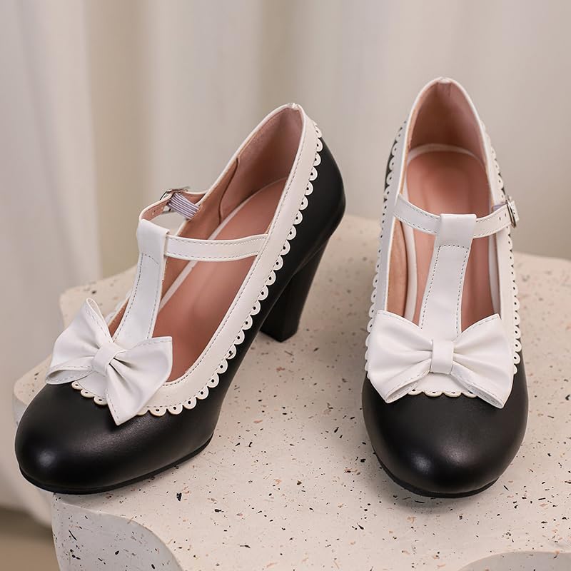 Image of Elbslutt Women's Cute Retro Rockabilly Shoes T Strap Mary Janes Heels Chunky Cosplay Shoes Sweet Block Heeled Bow Pumps