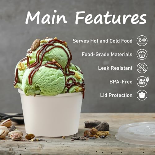 Image of ESSENTIAL Paper Ice Cream Cups with Lids, 120 Pcs 8oz Paper Snack Bowls