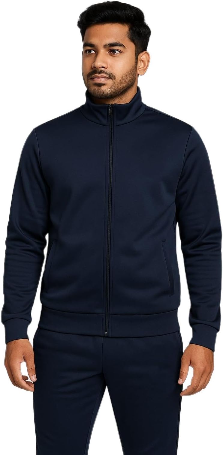 Men's Winter Tracksuit Set, Navy Blue, Full Zip Jacket with Jogger Pants, Fleece Lined, Thermal Insulation, Ribbed Cuffs (IN, Alpha, L, Regular)