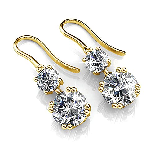 Cate & Chloe Kadence White Gold Dangle Earrings, 18K White Gold Plated Earrings With Crystals, Women's Round Cut Crystal Earrings (Yellow Gold) #TOP2