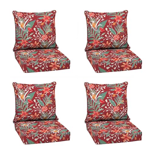 Image of Arden earthFIBER Outdoor Deep Seat Cushion Set, 4-Pack, 24 in x 24 in, Weather-Proof, Rain-Proof, Fade Resistant Patio Cushion for Chair, Sofa, and Couch Luau Red Tropical Floral