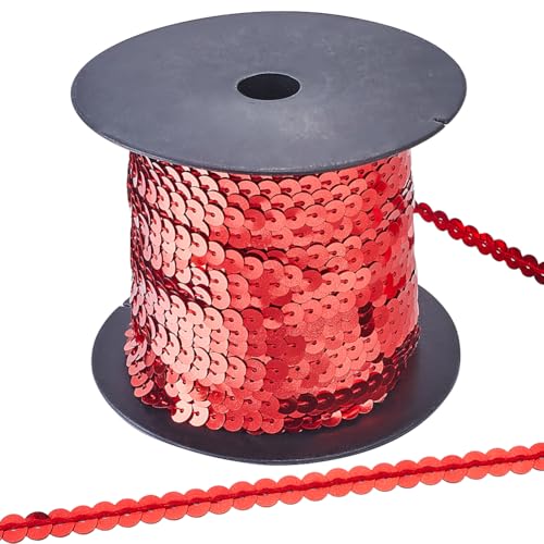 CABODYALS Cinta Elástica de Lentejuelas Rojas de 91.44 m Y 6mm Tira de Lentejuelas con Lentejuelas Planas Y Redondas de Plástico Cuerda Metálica Brillante Rollo de Adornos con Purpurina para Coser Som