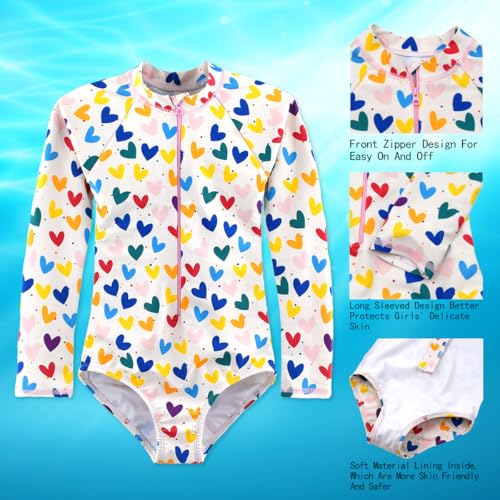 Image of Girls One Piece Swimsuit Long Sleeve Rash Guard UPF 50+ Age 2-12Y