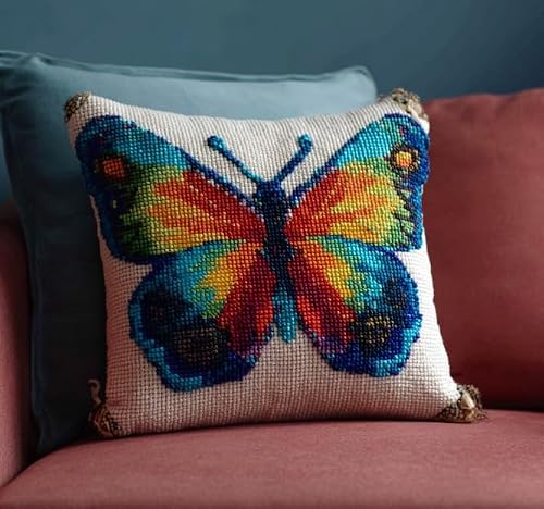 FanZheZhe 11CT Stamped Embroidery Pillowcases Colorful Butterflies Cross Stitch Cushion Cover,Embroidery Kit,Needlepoint Kits for Adults Beginners,45x45cm