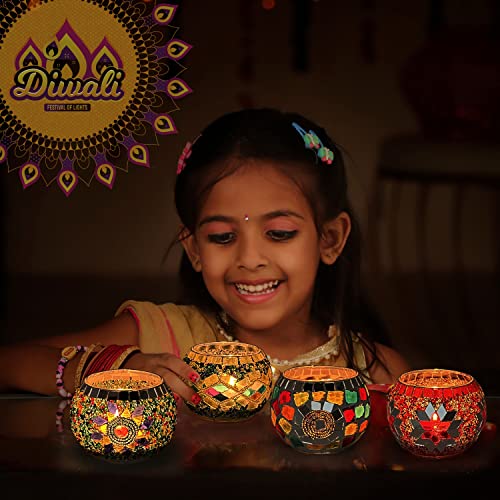 Shmilmh Glass Candle Holder Set Of 4, Votive Candle Holders Handmade Mosaic Glass Tealight Holders Diwali Decorations For Home #TOP6