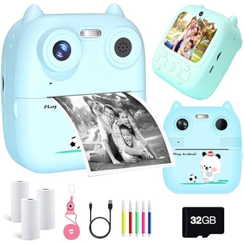 Digital Video Instant Print Camera for Kids - 1080P HD Instant Print Photo, Portable Toy with 3 Rolls Photo Paper, 5 Color Pens, 32GB Card, Christmas Birthday Gifts for Age 3~11 Girls Boys - Pink Cover