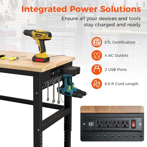 IRONMAX 48\'\' Adjustable Work Bench with Wheels, 1760 LBS Heavy Duty Oak Wood Table Top Workstation w/Power Strip & Foot Pad, 5 Different Height Hardwood Worktable for Workshop, Garage, Office, Home