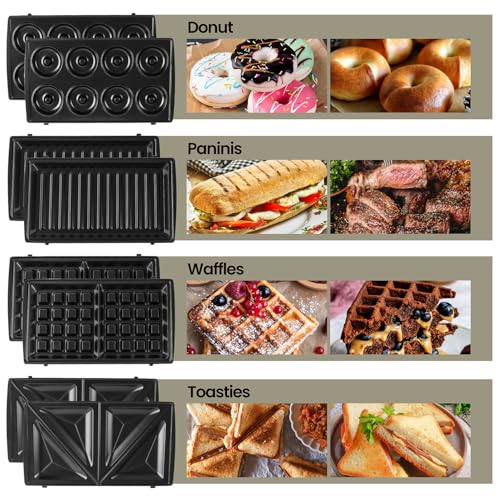 SUPERLEX Sandwich Panini Grill Press 4-in-1 Set, Toastie Machine with Removable Grill, Sandwich, Waffle, Donut Baking Plates, Non-stick - Image 3