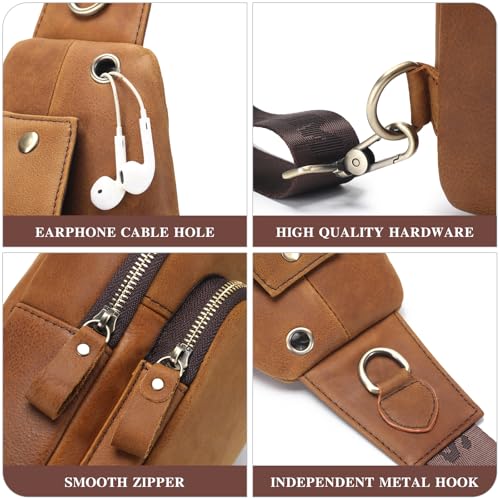 Image of Mens Sling Bag Genuine Leather Crossbody Bags for Men Small Sling Chest Backpack Casual Man Bag Hiking Outdoor, Brown