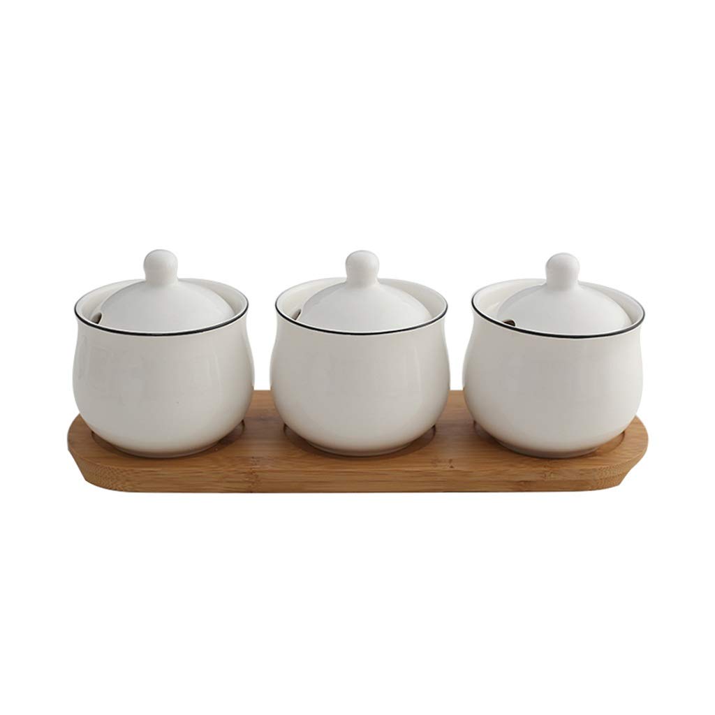 HRWLY Clear Seasoning Rack Spice 3 Piece Ceramic Box Storage Container Condiment Jars Cruet with Cover and Spoon