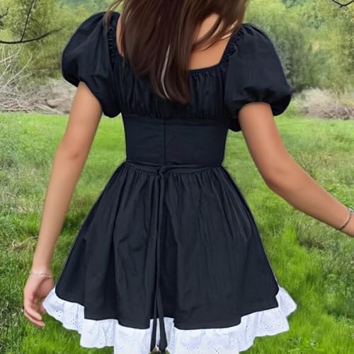 Image of Women Y2k Puff Sleeve Babydoll Dresses Square Neck Tie Back Mini Dress Summer Solid Off Shoulder Flowy Sundress