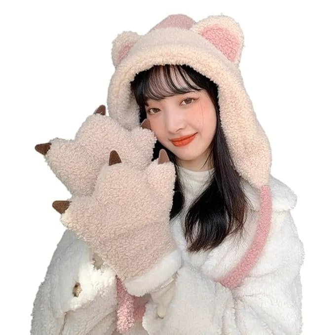 Fashion Nature™ Girl's Winter Cap Neck Scarf with Claw Gloves Set Fuzzy Hooded Woolen Beanie Hat-image-17