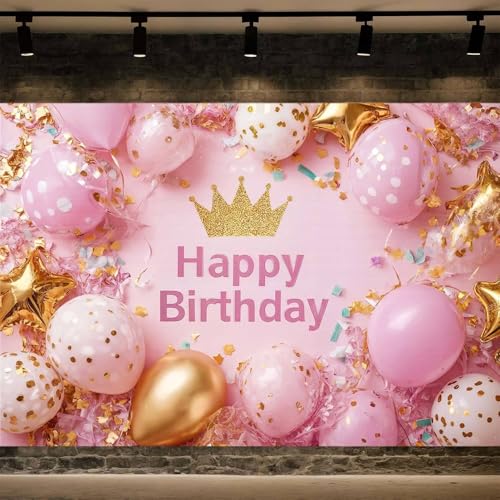 10X10ft Pink Happy Birthday Backdrop Elegant Hot Pink Crown and Balloons Photography Background Lady Girls Women Princess Theme Party Decorations Birthday Banner Photo Booth Studio Props