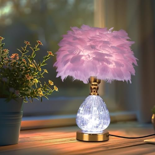 Feather LED Desk Lamp with Three-Color Adjustable Light, Energy-Saving Bedside Table Lamp for Girls, Bedroom, Living Room, Pink (Pink)