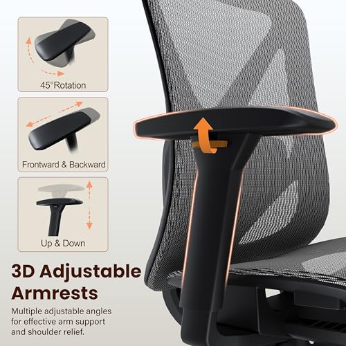 Image of Ergonomic Office Chair, Mesh Computer Desk Chairs with Adjustable Lumbar Support, 3D Armrest, Tilt Function, Comfy Wide Seat, Executive Work Task Chair for Company & Home, Gaming Chair (Grey)