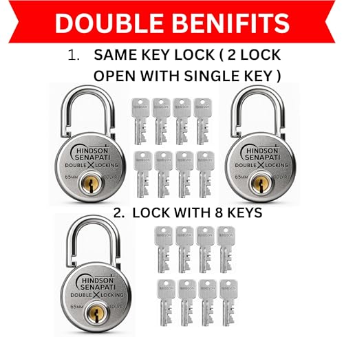 Image of HINDSON Same Key Lock Senapati 65mm Double Locking Padlock Pack of 2 with 10 Lever Security and 8 Same Keys | Heavy Duty Lock and Key for Home, Door and Gate Use