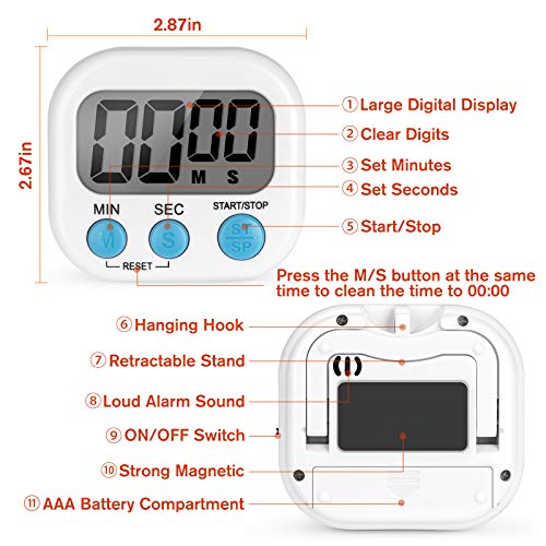 Timer, Kitchen Timer, Magnetic Digital Timers Loud Alarm Digital Timer for Cooking 2 Pack (white), Upgrade Silent Classroom Countdown Count Up Timer for Kids, Back Stand for Food Timer - Thumbnail 5