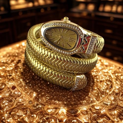 Image of Snake Wrap Watch for Women | Gold Plated Stainless Steel Bracelet Watch | Brown Leather Strap | Quartz Analog | Crystal Accent Dial