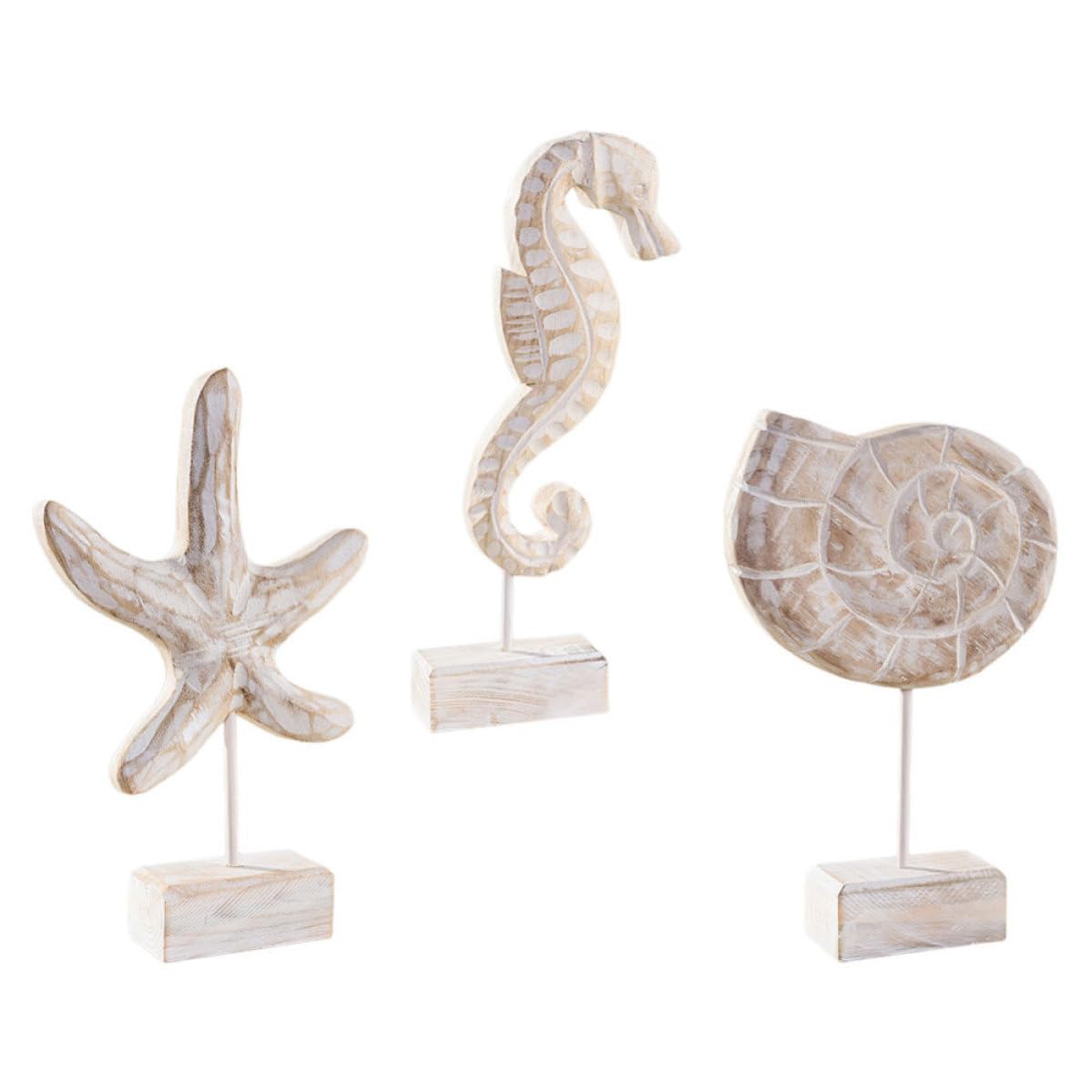 ABOOFAN Set de 3 Piezas de Decoración Marítima de Madera Estrella de Mar, Caballito de Mar y Concha para Adorno de Mesa y Hogar