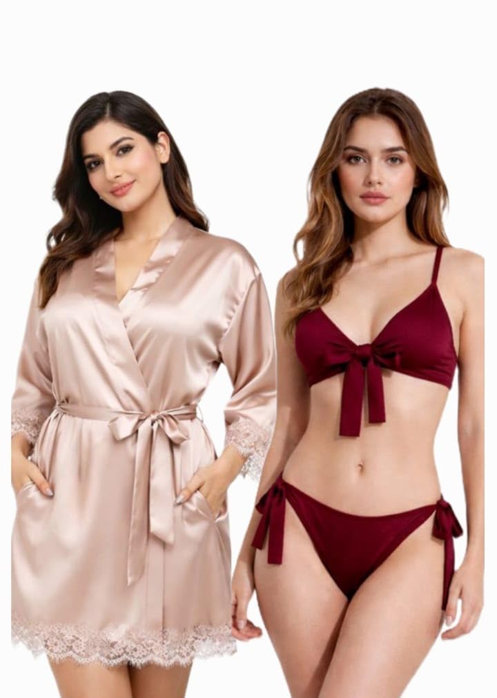 VivaaCasa Women's Combo of Beige Babydoll Nightwear with Satin Bikini and Satin Robe, Black, Regular Fit, Sizes XS-M-image-44