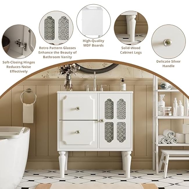 30 Inch Bathroom Vanity Ceramic Sink Combo Set Freestanding Tilt-Out Drawer Single Top Cabinet MDF Solid Wood Frame Bathroom Storage Vintage Glass Door Bathroom Furniture White