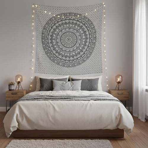 Image of Craft Trade 54x84 Inches Black and White Cotton Mandala Ombre Wall Hanging Tapestry