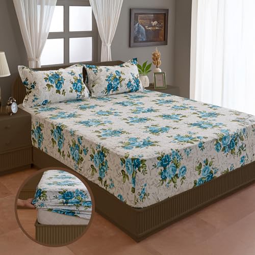 Image of Swayam Pure Cotton King Fitted Bedsheet with 2 Pillow Covers | Size 72 x 78 x 10 inch | 160 TC | Floral Design | Soft Breathable Bed Sheet | Comfortable & Durable for Bedroom - White & Blue