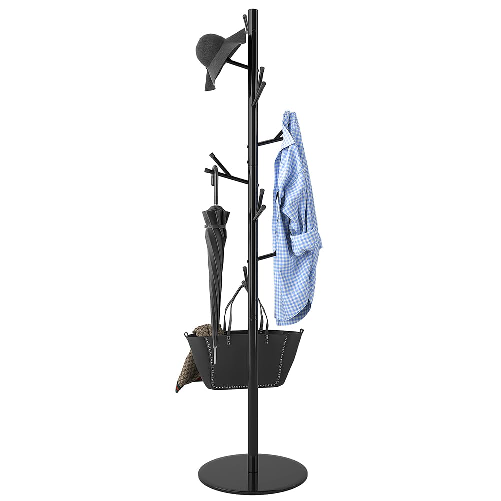 eSituro Appendiabiti, Porta Abiti da Terra a Forma di Albero, con 9 Ganci e 3 Ripiani, Appendiabiti in Metallo con Base in Marmo per Corridoio/Camera da Letto/Ufficio, Nero
