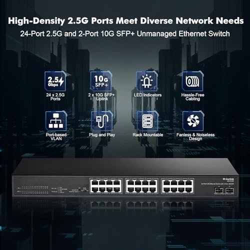 Image of MokerLink 24 Port 2.5G Ethernet Switch with 2x10G SFP, 24 x 2.5G Base-T Ports Compatible with 10 /100 /1000Mbps, Metal Unmanaged Fanless Rackmount Network Switch