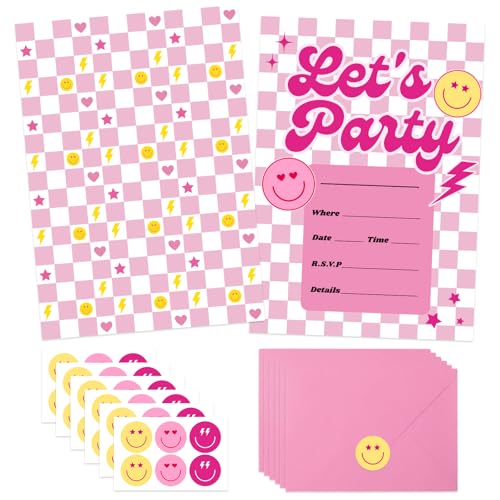 Cara sonriente y diseño a cuadros: soluciona tus invitaciones de fiesta con este pack de 24