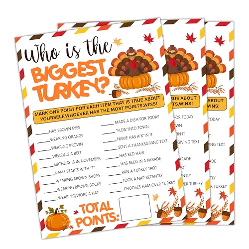 20pcs Thanksgiving Party Games Sets - Who's the Biggest Turkey - Fun Thanksgiving Dinner Games for Boys & Girls - 5x7 Cards for Harvest,Festival,Friendsgiving,Party Decorations and Supplies - A02
