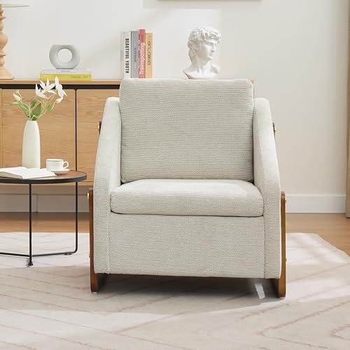 Sillón tapizado chenille beige con estructura de madera miniatura 5