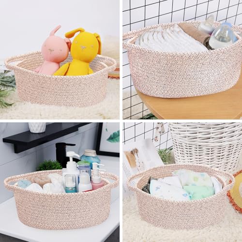 Image of ABenkle Small Basket with Handles, Boho Decorative Rope Woven Dog Cat Toy Storage Bin Shelf Storage Organizer, Easter Christmas Gift Basket, 12 inchx8 inchx5 inch