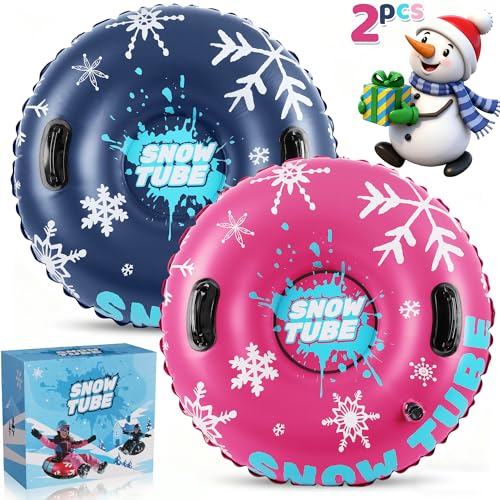Eterfun Inflatable Snow Tubes - 2 Pack Protable Winter Snow Sledding Toy with Handles and Thick Bottom, Family Outdoor Sport Supplies Gift Kits for Boy Girl Christmas Halloween Birthday Gift