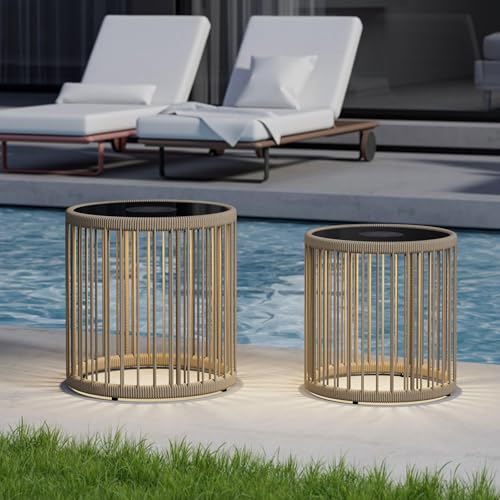 Rynthos Outdoor Side Tables with Solar Lights Metal Patio Table Set of 2 Outdoor Led Tables Weather Resistant for Garden Poolside Backyard Gray